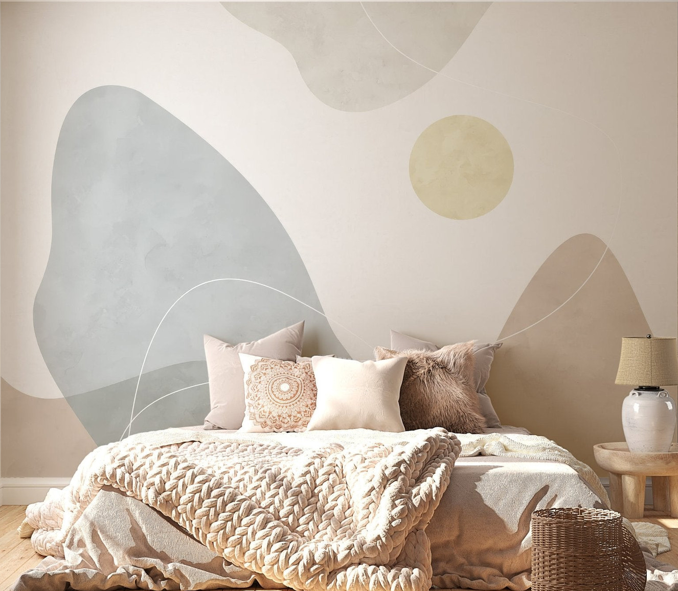 Scandinavian style wallpaper mural with abstract landscape pattern.