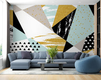 Triangle infusion mural featuring abstract, eye-catching art in living room.
