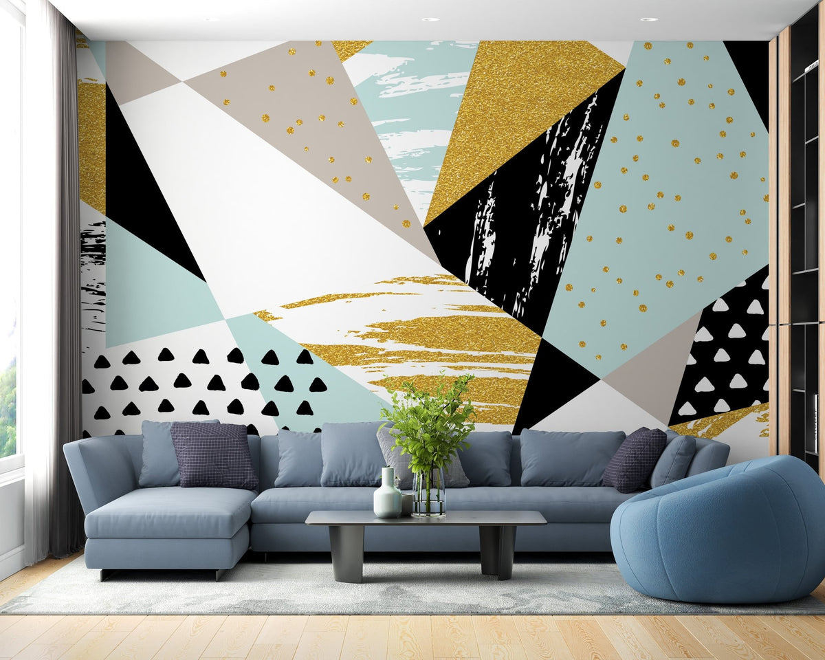 Triangle infusion mural featuring abstract, eye-catching art in living room.
