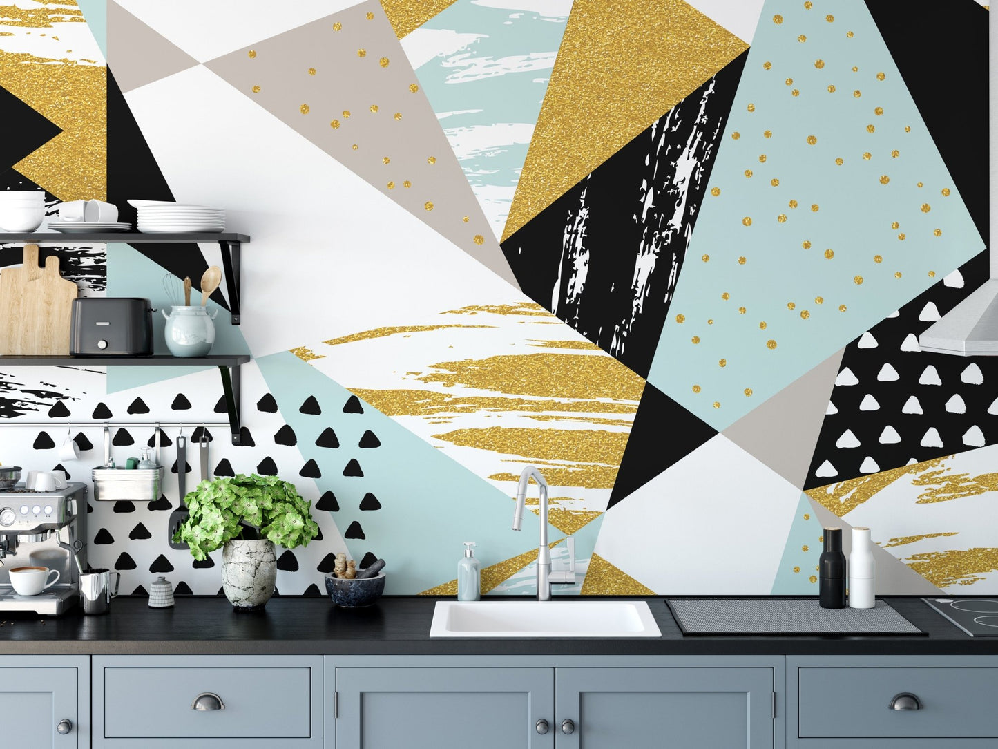Bold triangle infusion mural for vibrant kitchen interior decor.
