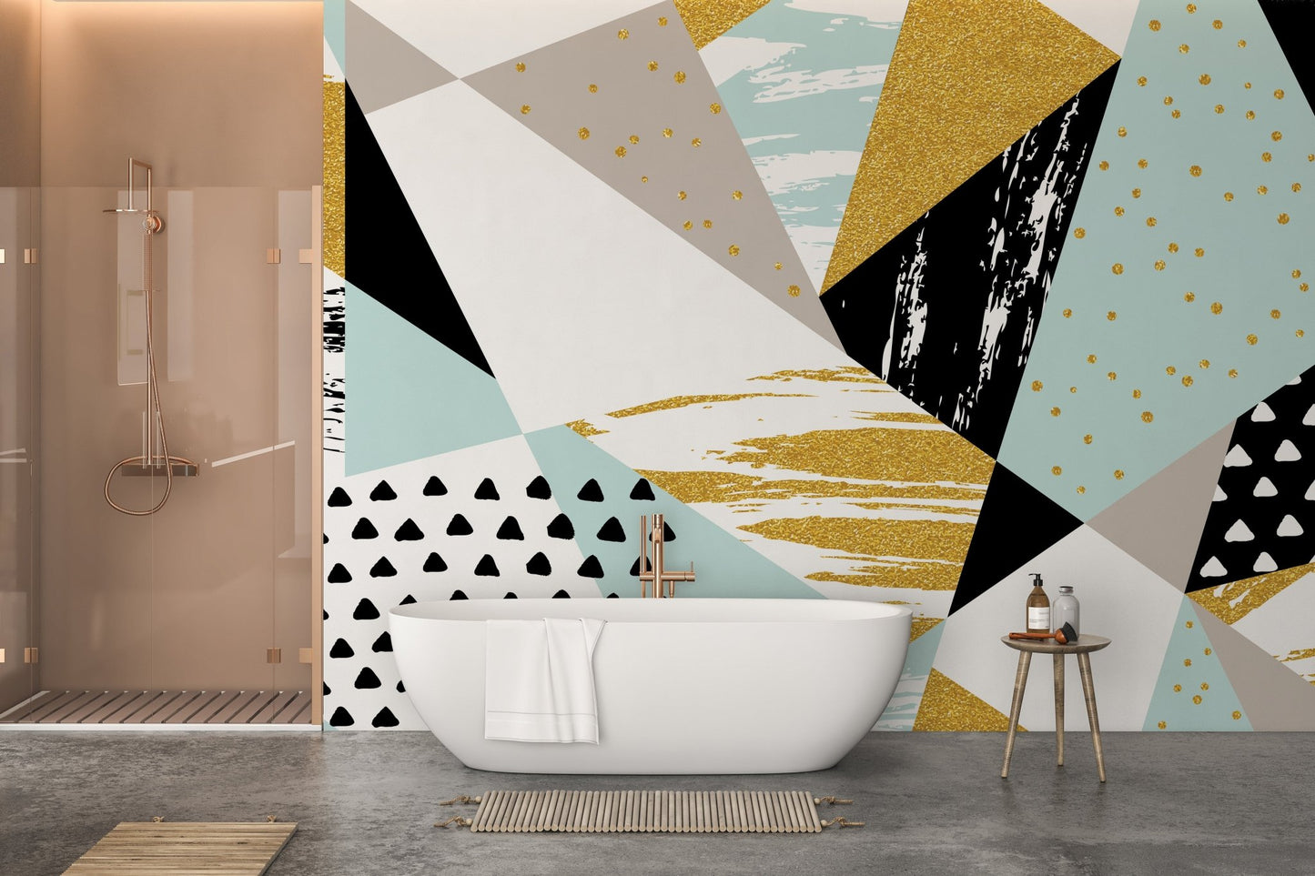 Geometric triangle infusion mural for modern bathroom wall aesthetics.
