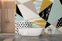Geometric triangle infusion mural for modern bathroom wall aesthetics.
