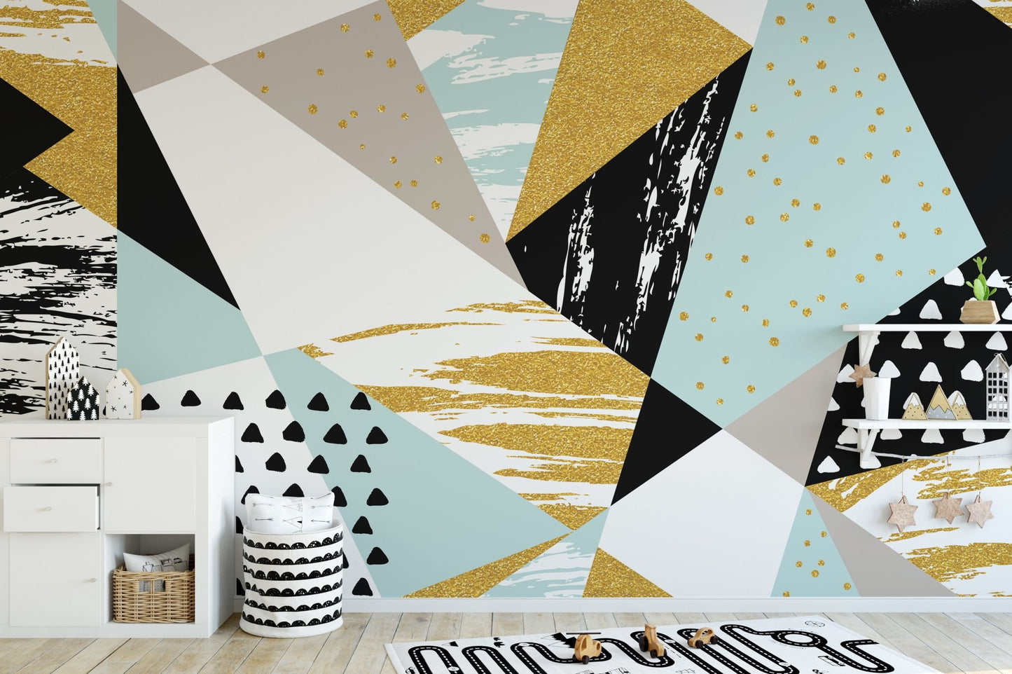 Abstract triangle wall mural featuring bold geometric patterns in kids room.
