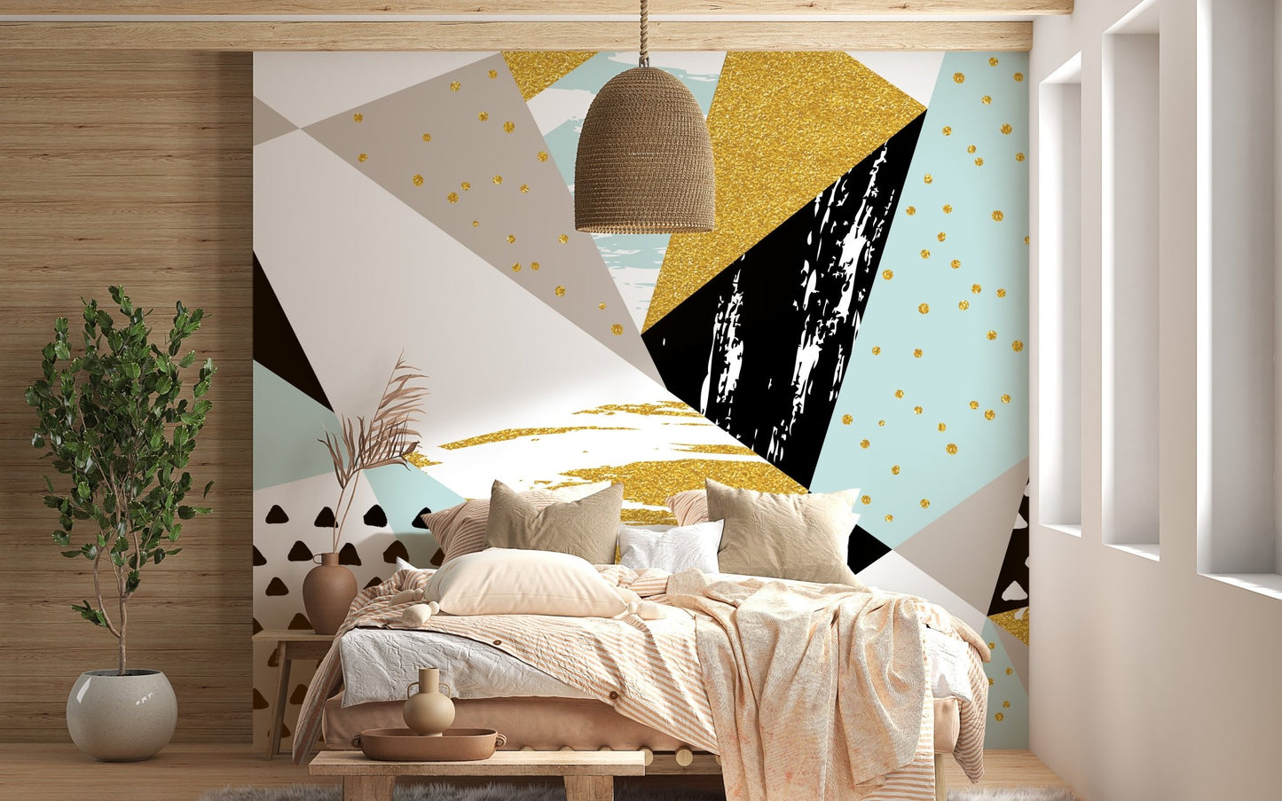 Abstract triangle wall mural creating a modern design statement in bedroom.
