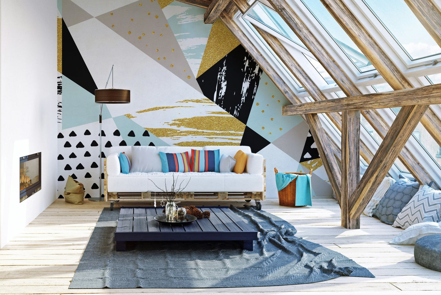 Abstract triangle mural adding energy to contemporary attic living space walls.
