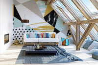 Abstract triangle mural adding energy to contemporary attic living space walls.
