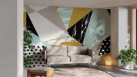 Modern triangle infusion mural with colorful abstract design in living area.
