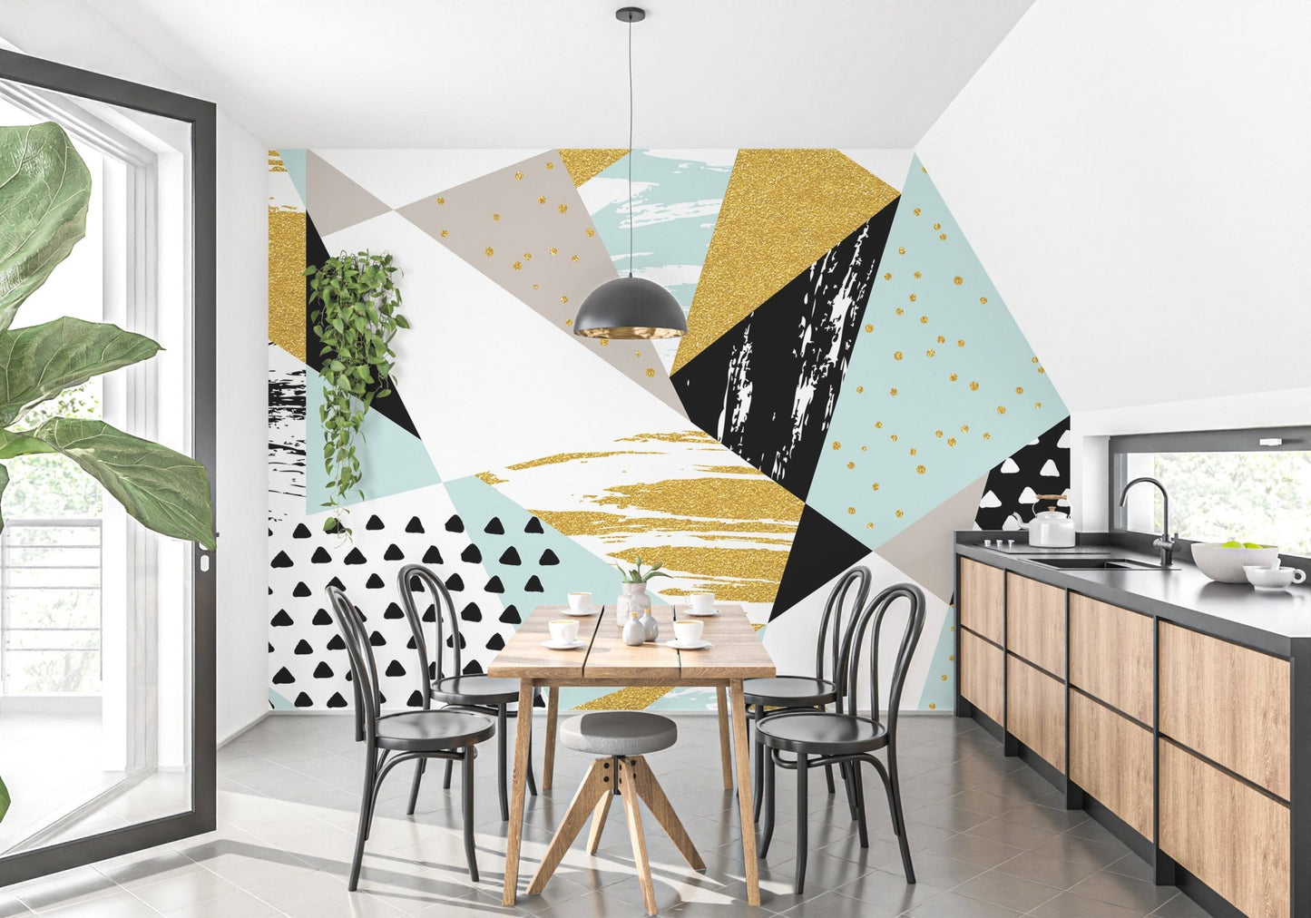 Artistic triangle infusion wall mural for striking dining room interiors.