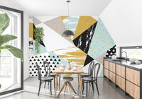Artistic triangle infusion wall mural for striking dining room interiors.