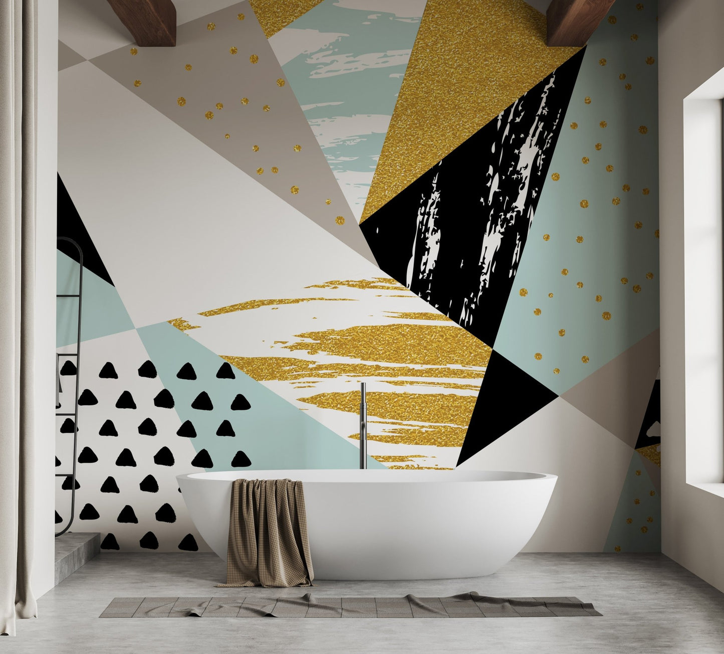 Dynamic abstract triangle mural with infused artistic shapes in bathroom.
