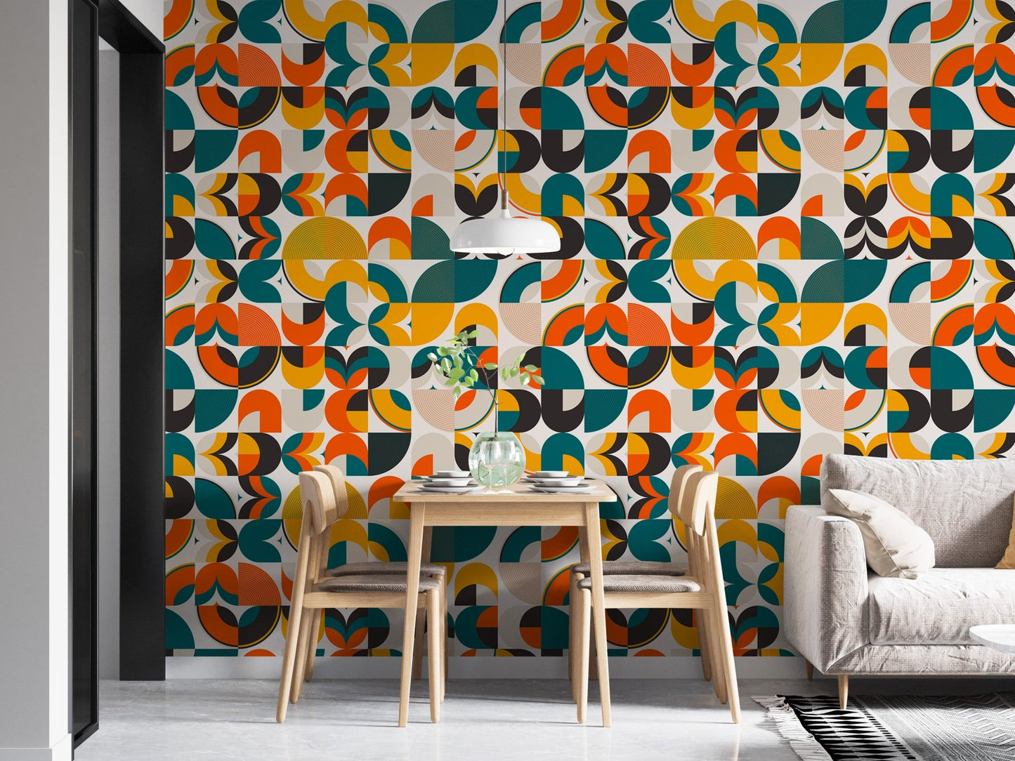 Abstract vector wallpaper with teal and mustard semicircles in a dining space.