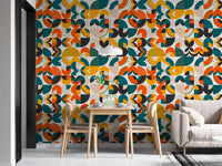 Abstract vector wallpaper with teal and mustard semicircles in a dining space.