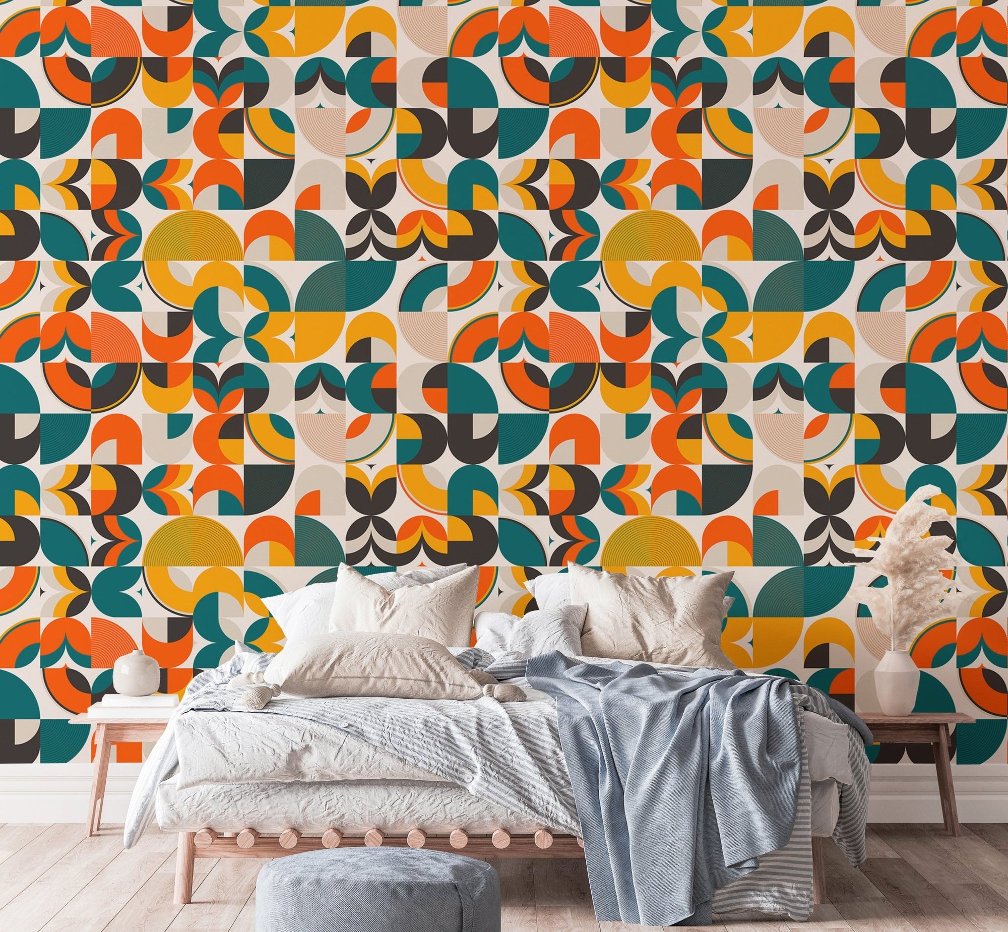 Abstract Vector Geometric Shapes Scandi Art Wallpaper in bedroom with blue bedding.