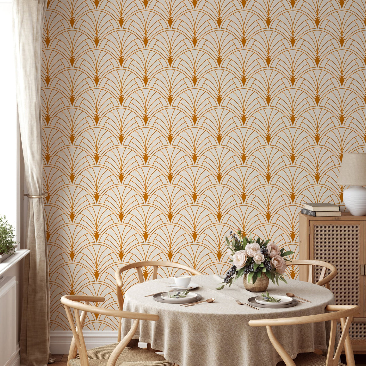 Victorian-inspired abstract art deco wallpaper for dining space walls