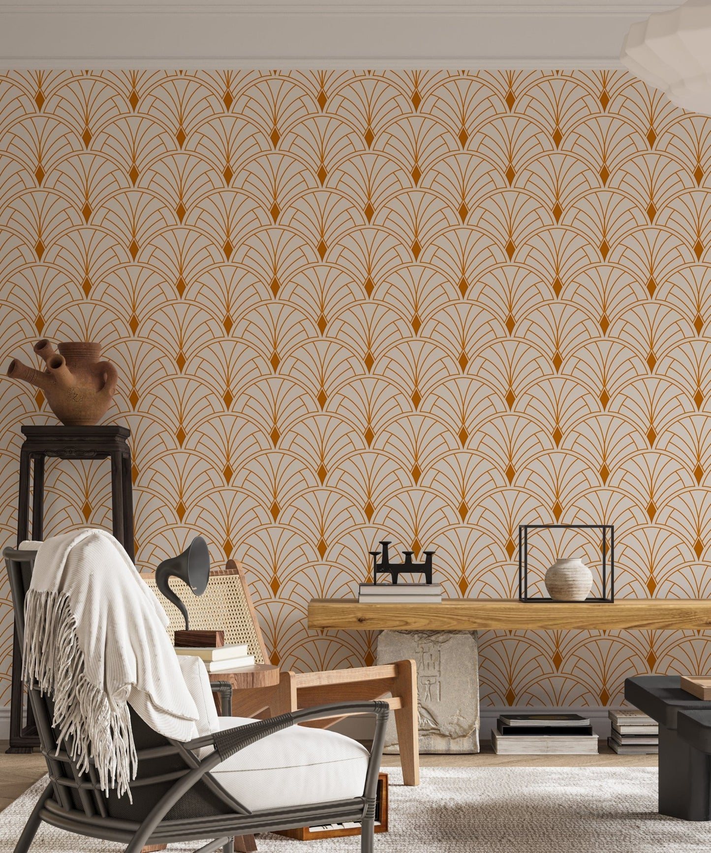 Abstract art wallpaper blending deco and victorian styles in a bright living room.