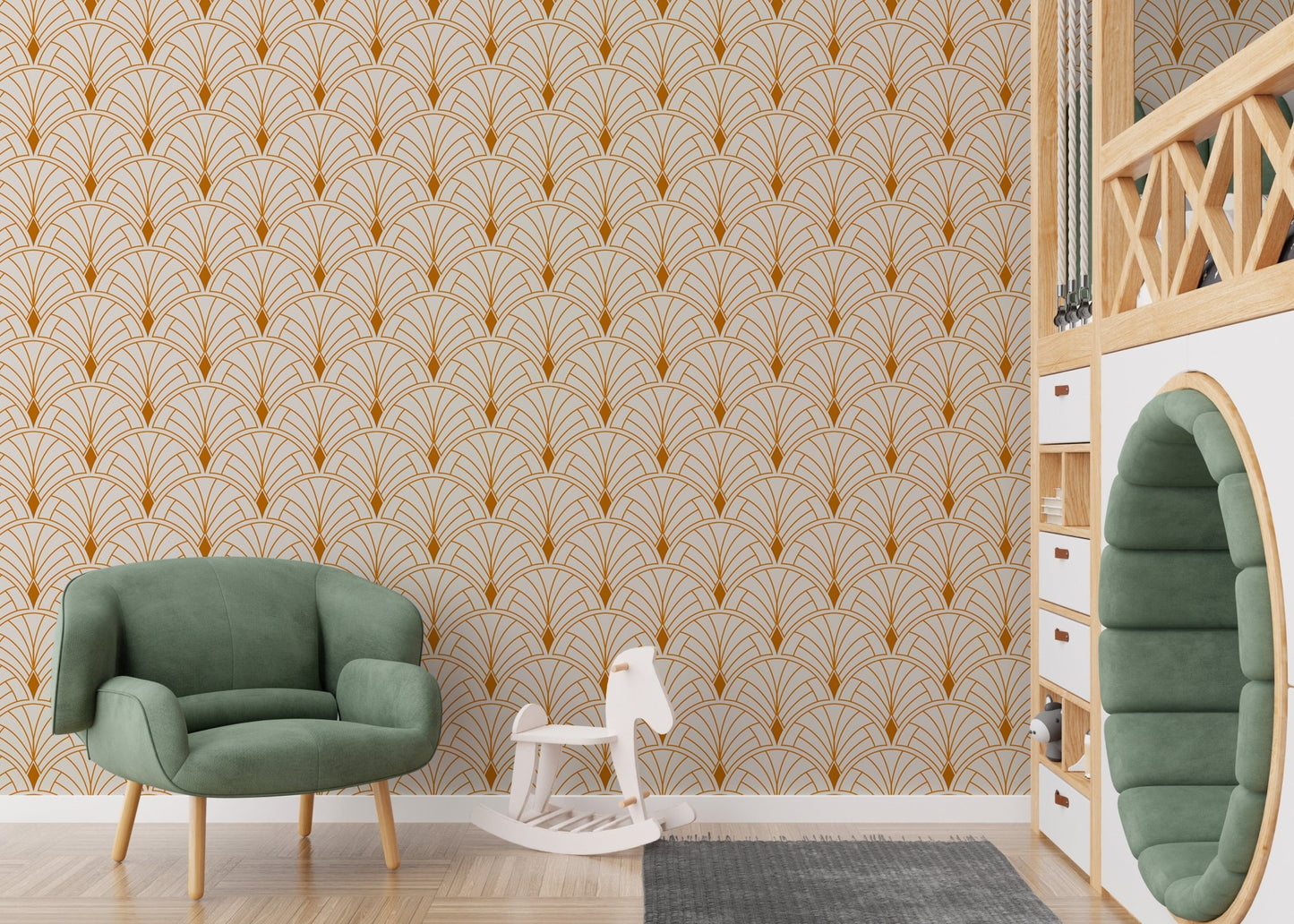 Abstract art deco wallpaper with victorian influence for nursery walls.