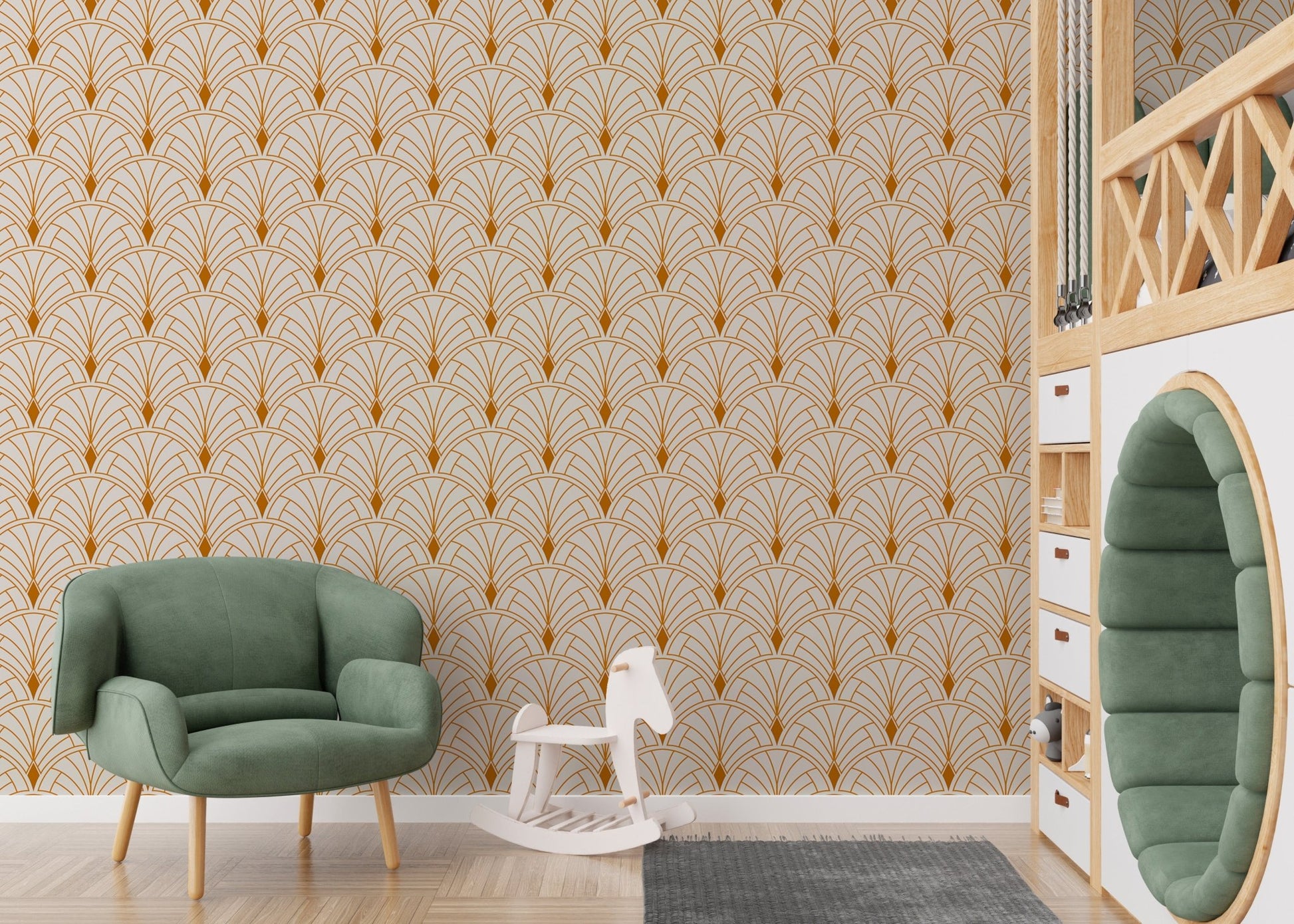Abstract art deco wallpaper with victorian influence for nursery walls.