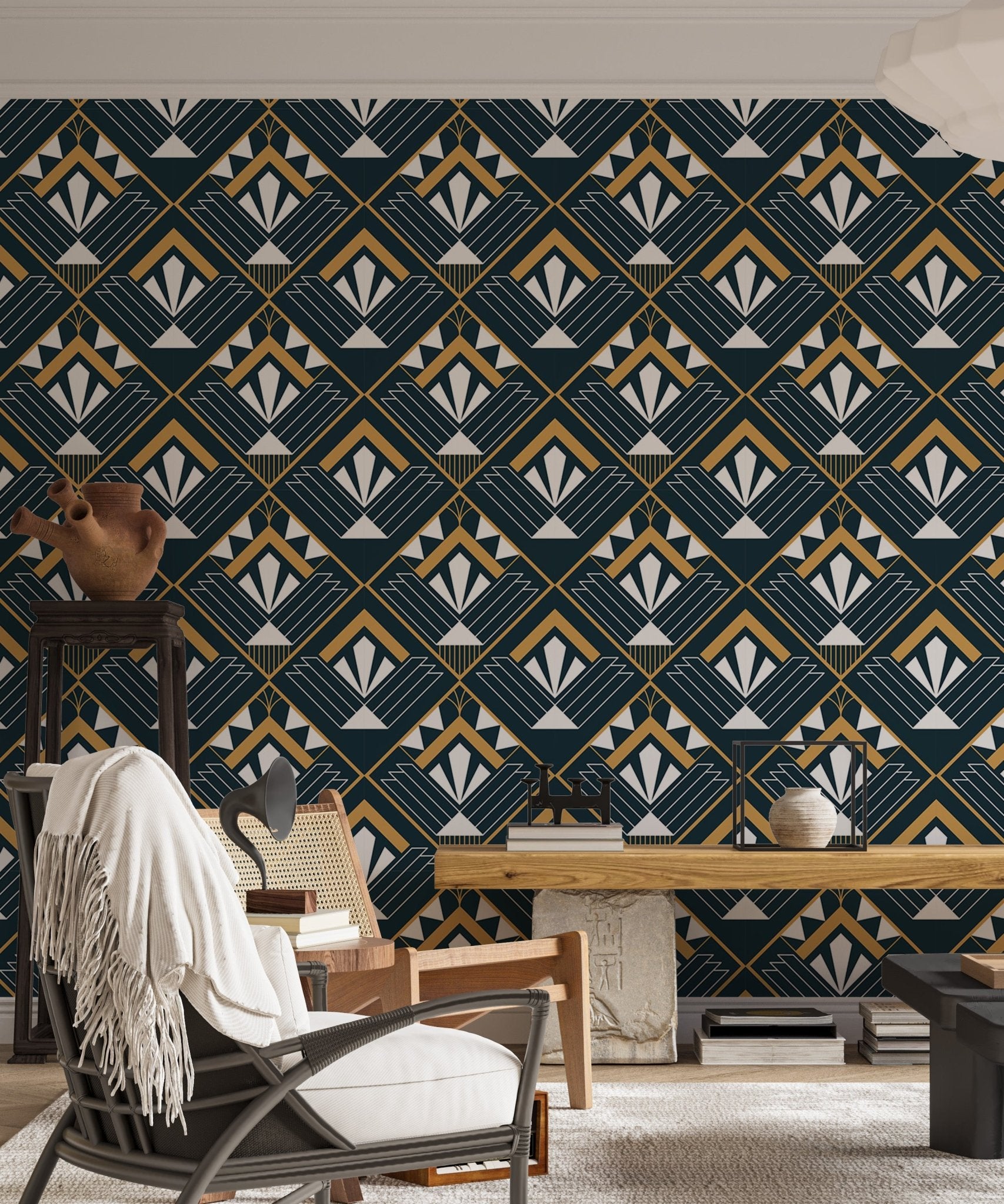 Unique abstract Deco wallpaper in bright living room with black chair.