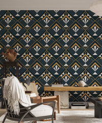 Unique abstract Deco wallpaper in bright living room with black chair.