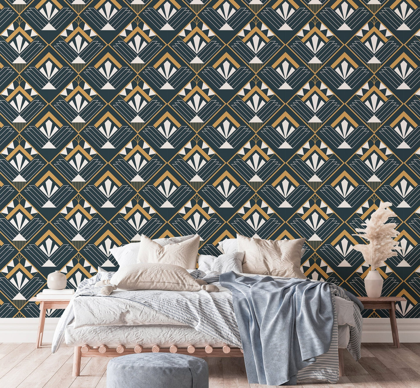 Sophisticated vintage Art Deco abstract wallpaper for bedroom.
