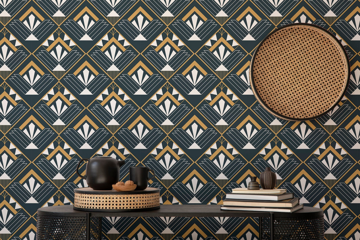 Diamond art design wallpaper behind a dark wood sideboard with ceramic bowls.