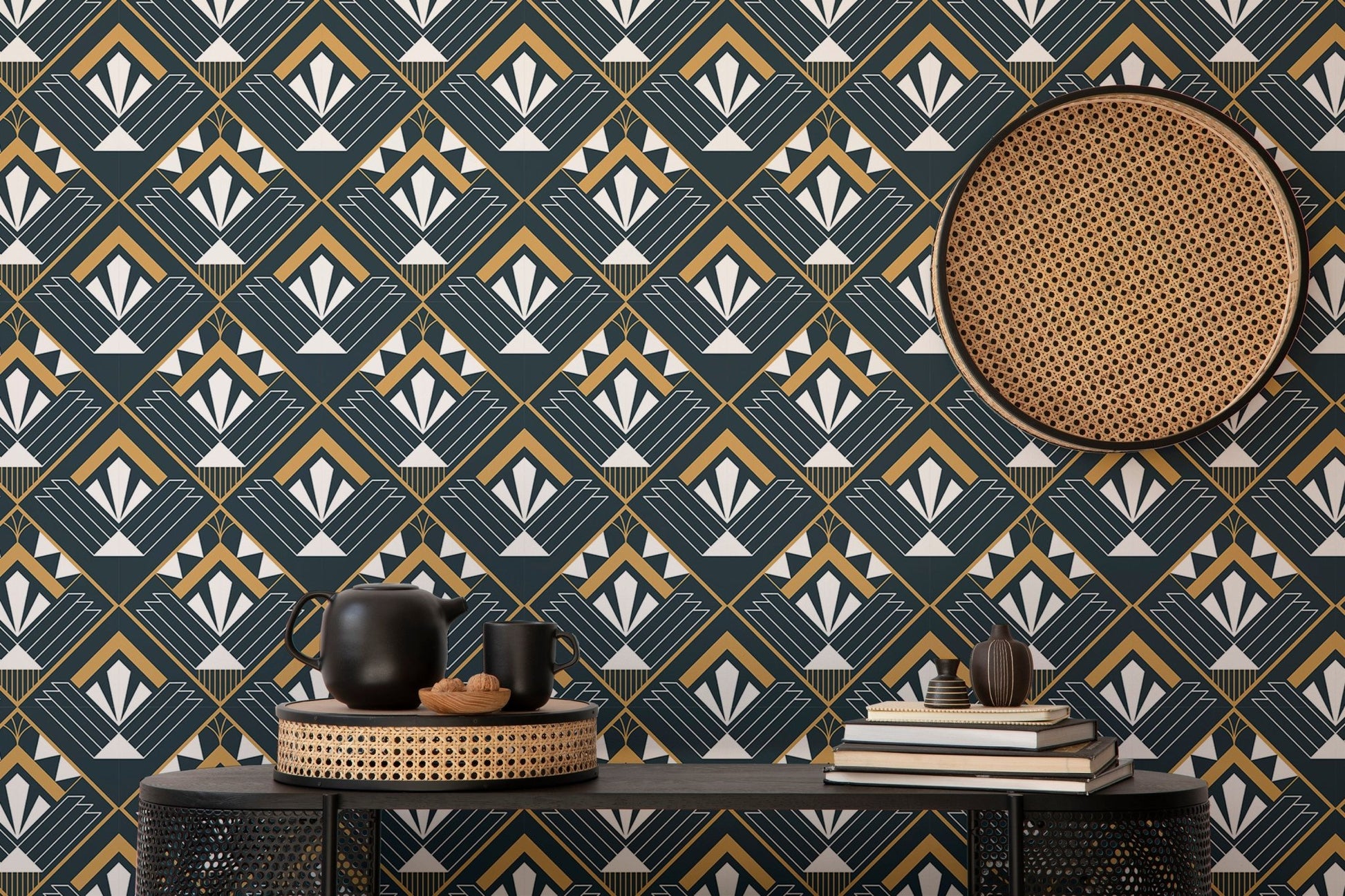 Diamond art design wallpaper behind a dark wood sideboard with ceramic bowls.