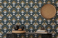 Diamond art design wallpaper behind a dark wood sideboard with ceramic bowls.