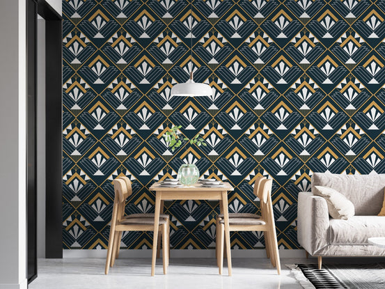 Modern vintage Art Deco abstract wallpaper for dining room walls.