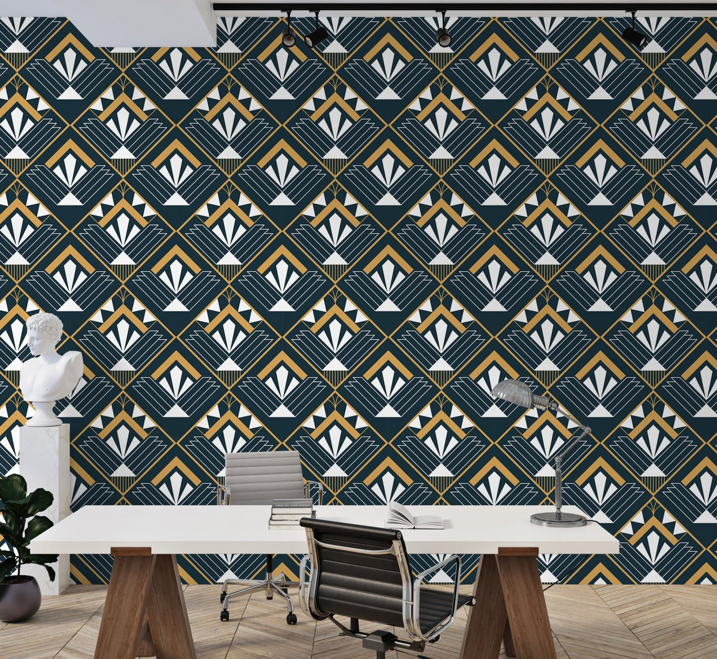 Art Deco wallpaper pattern behind a large white conference table in an office.