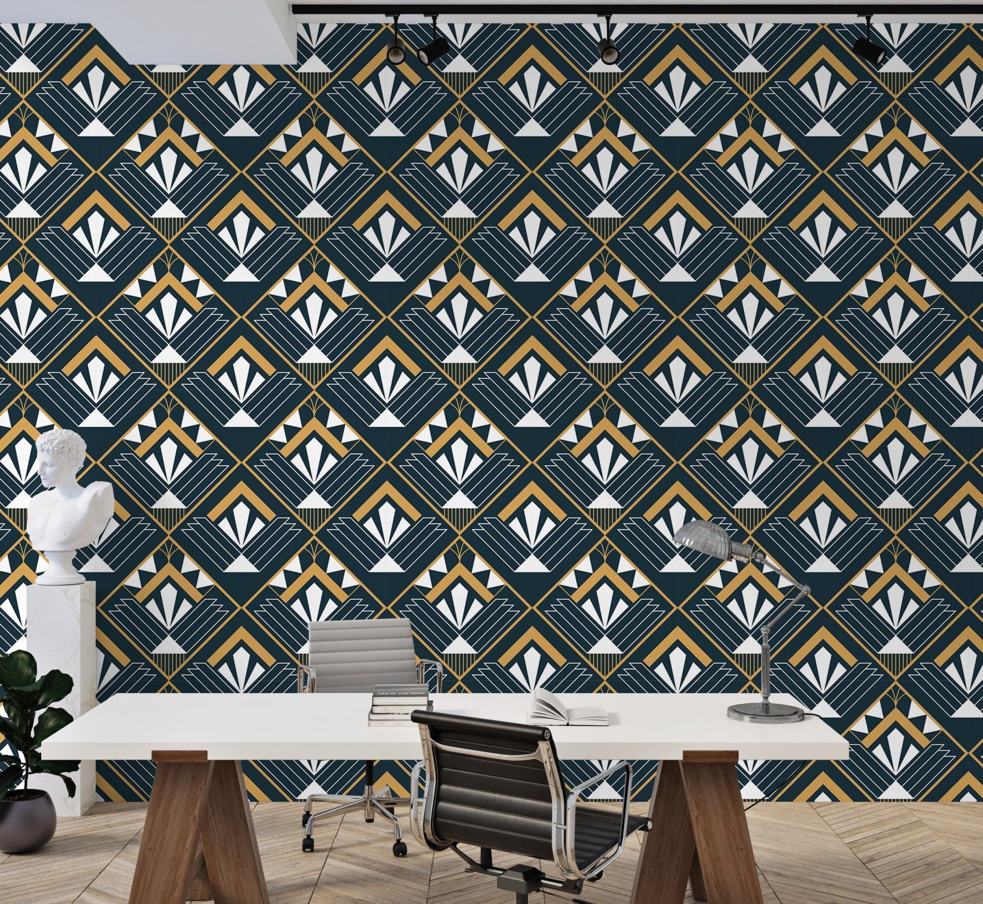 Art Deco wallpaper pattern behind a large white conference table in an office.