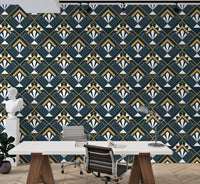 Art Deco wallpaper pattern behind a large white conference table in an office.