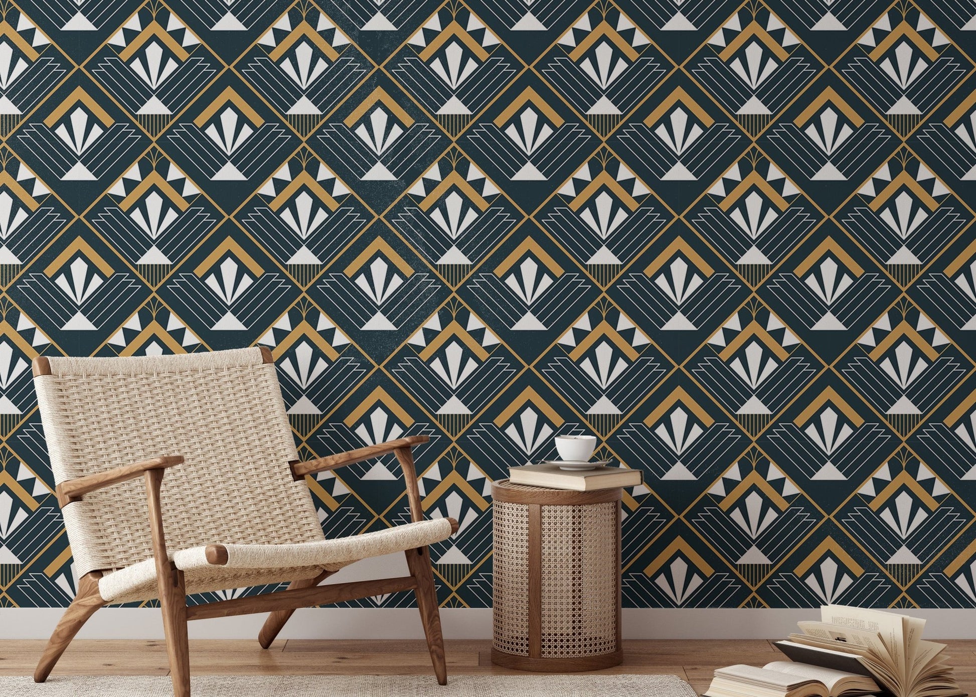 Abstract vintage Art Deco wallpaper design for stylish reading area walls.