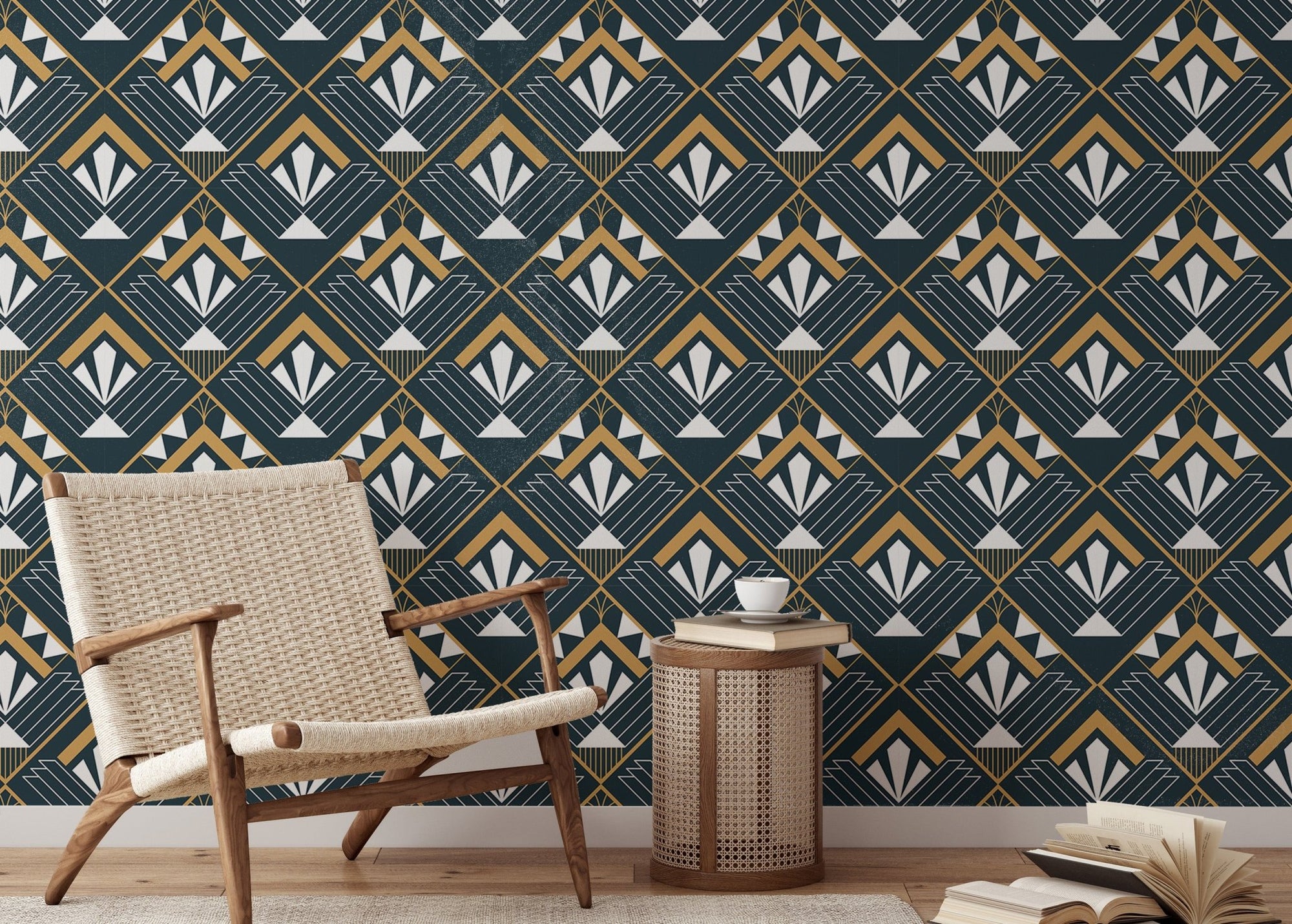 Abstract vintage Art Deco wallpaper design for stylish reading area walls.