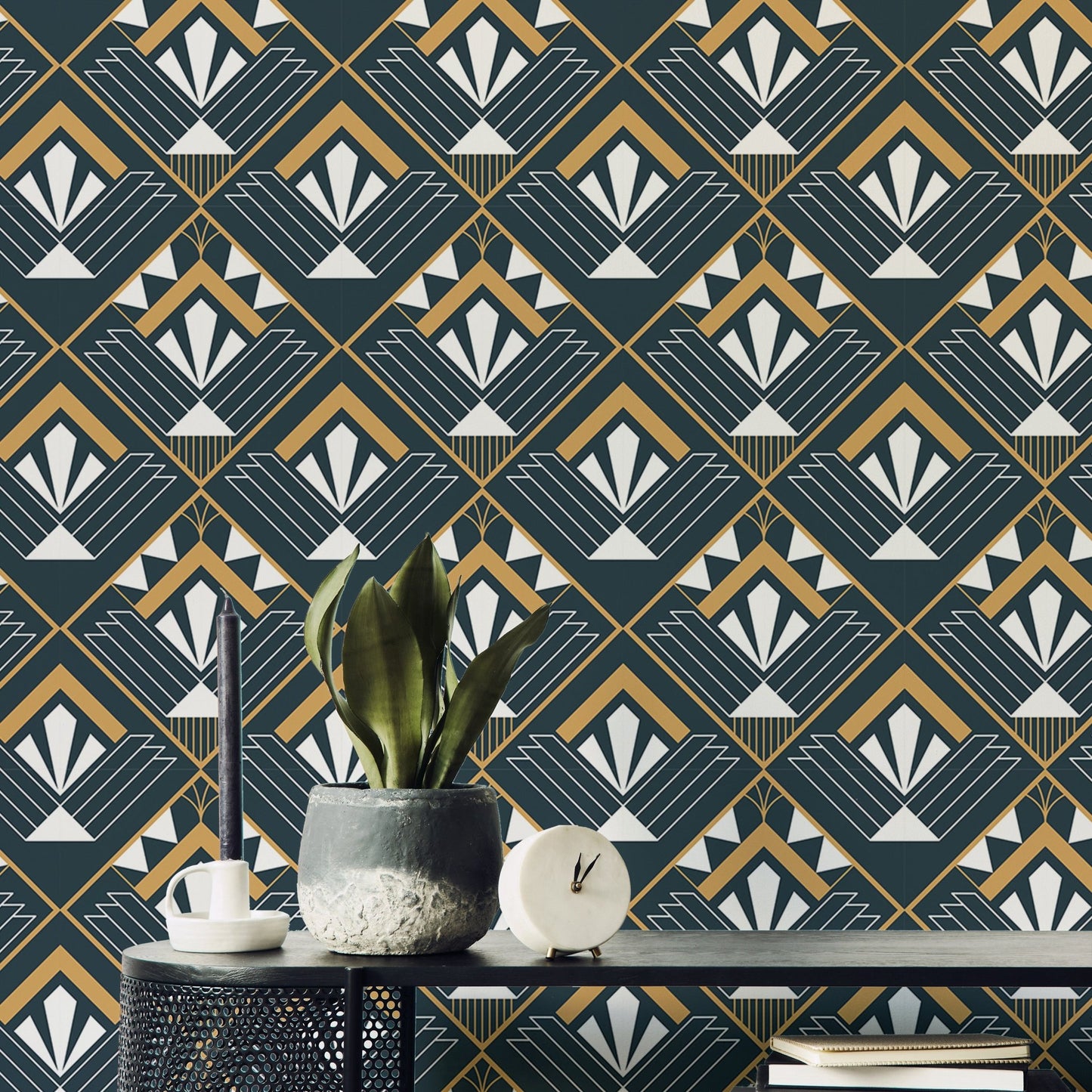 Abstract Vintage Design Art Deco Wallpaper in a study with a black desk.