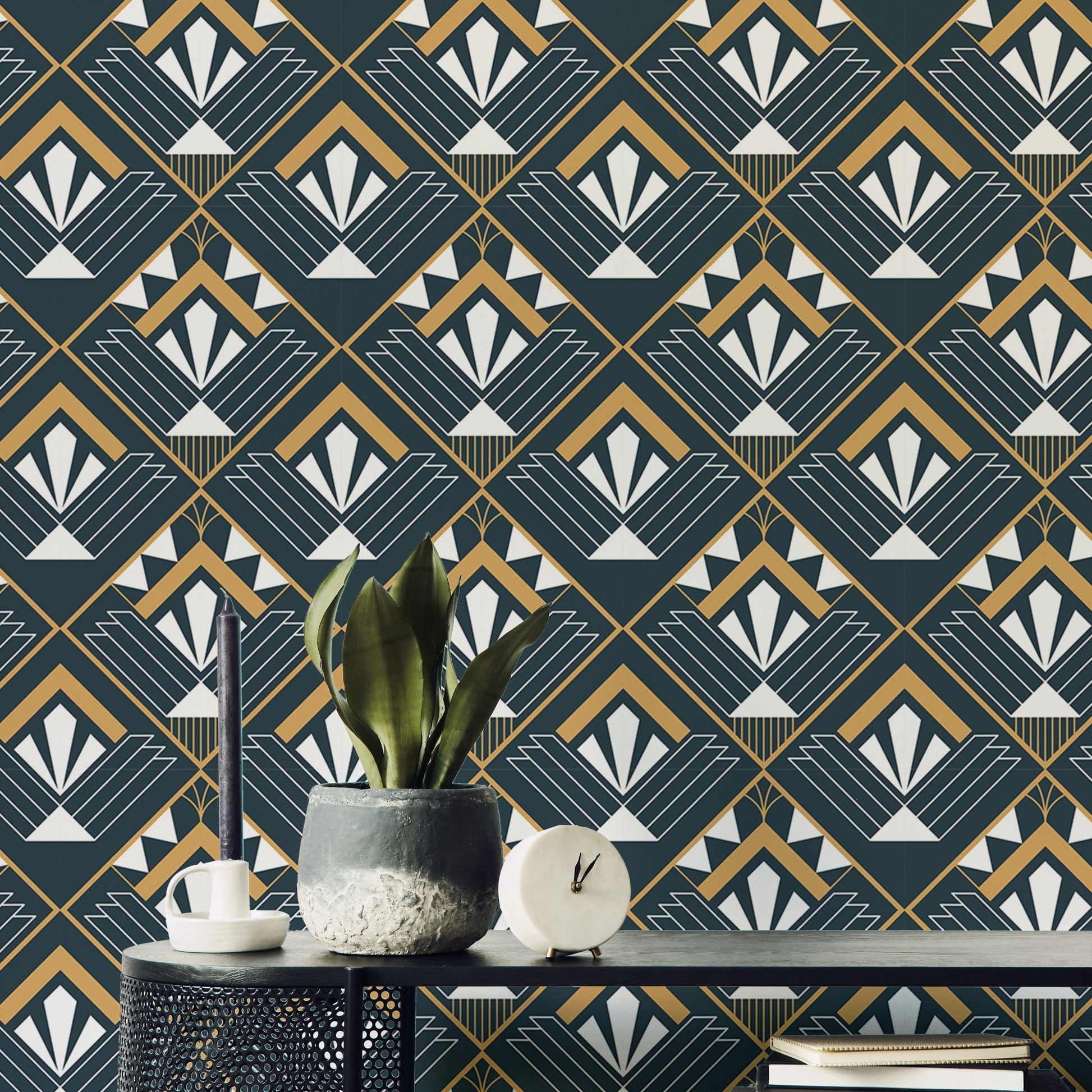 Abstract Vintage Design Art Deco Wallpaper in a study with a black desk.