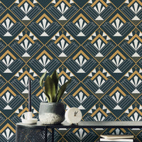 Abstract Vintage Design Art Deco Wallpaper in a study with a black desk.