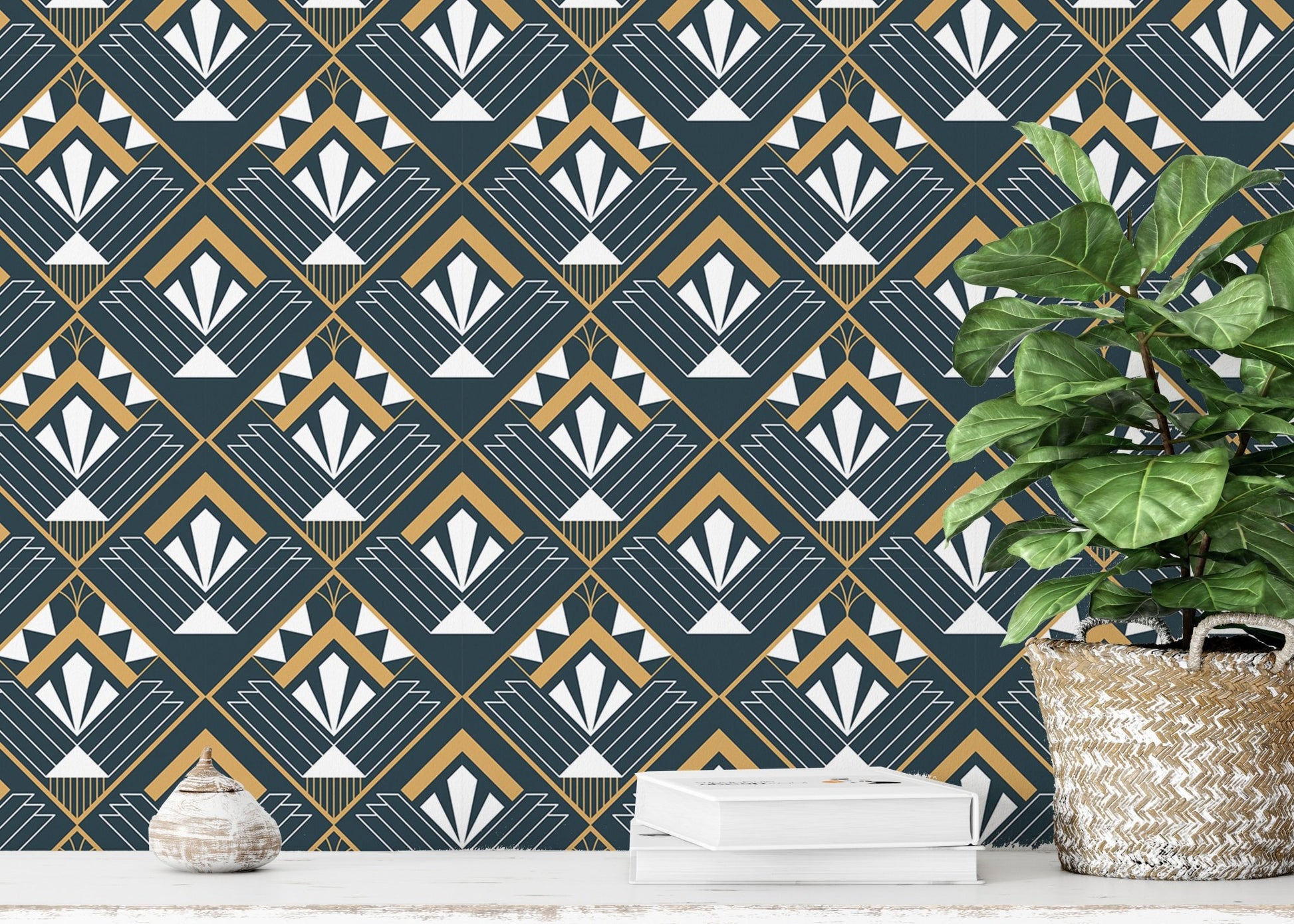 Decorative abstract vintage Deco wallpaper pattern style behind green plant.