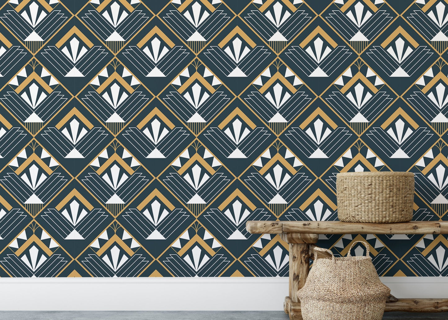 Retro-inspired Deco wallpaper with abstract design behind wooden bench and basket.