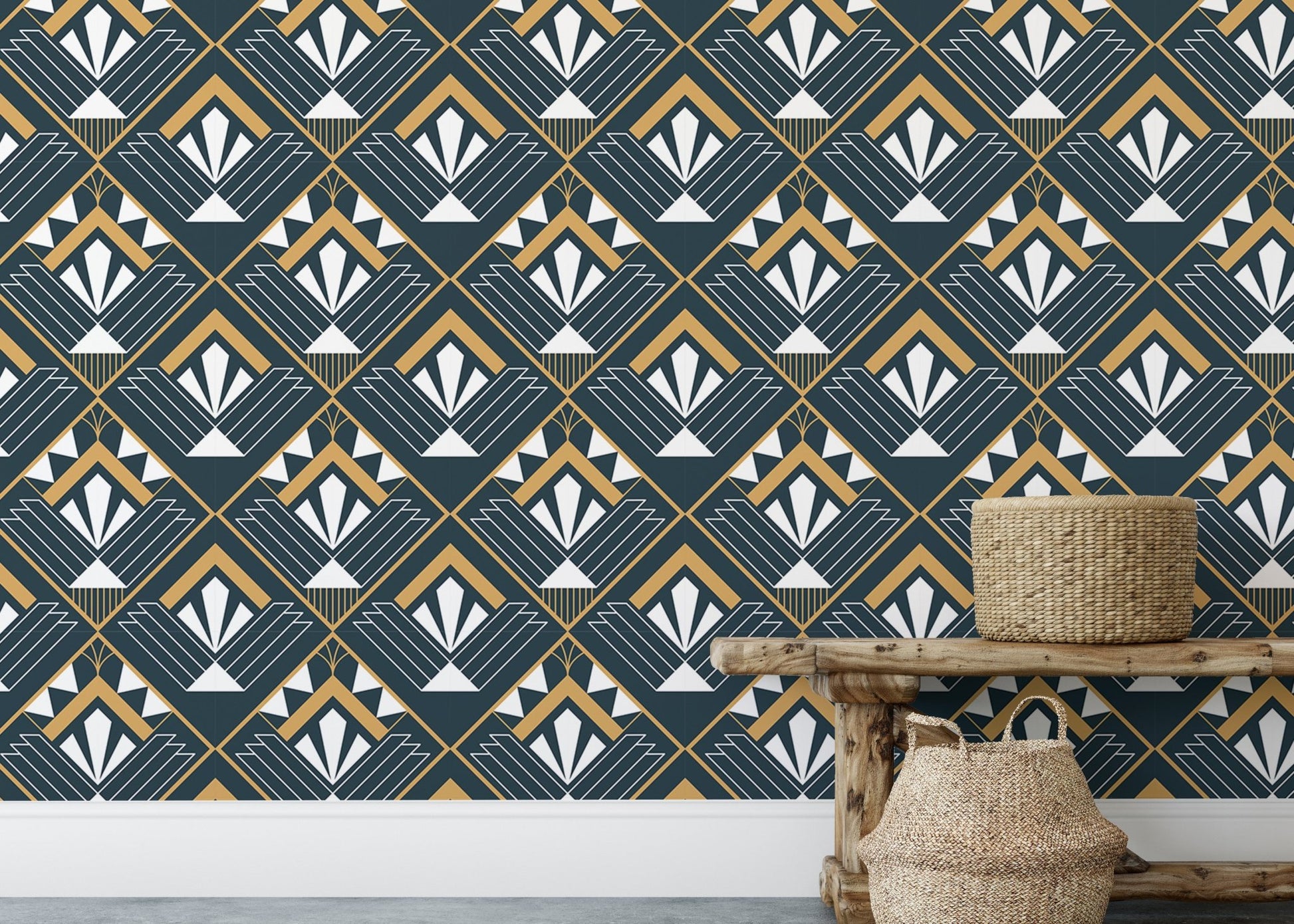 Retro-inspired Deco wallpaper with abstract design behind wooden bench and basket.