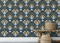 Retro-inspired Deco wallpaper with abstract design behind wooden bench and basket.