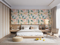 Abstract watercolor brush stroke mural with vibrant splashes for bedroom.