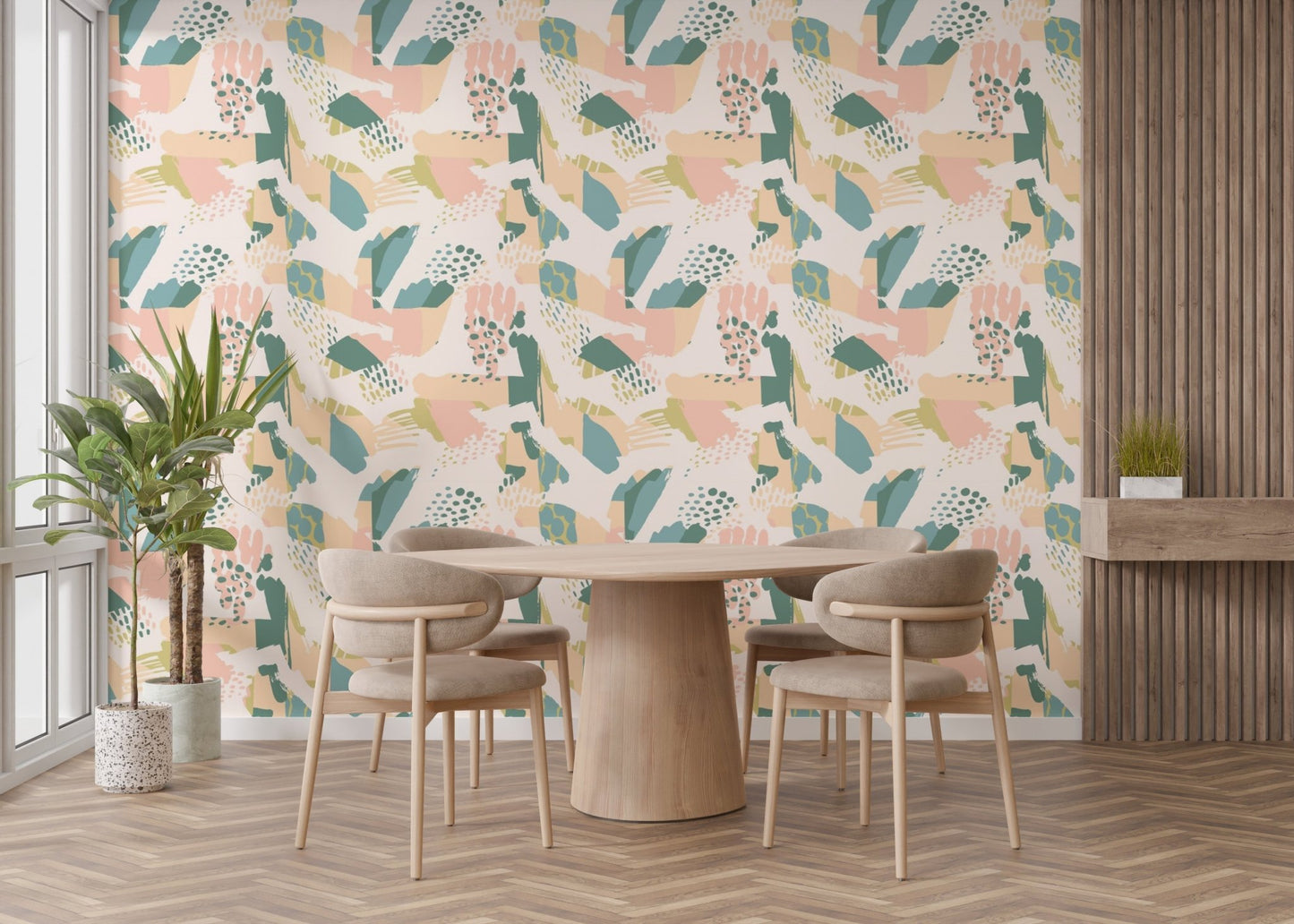 Brush stroke abstract wall mural bringing pastel tones to a dining room