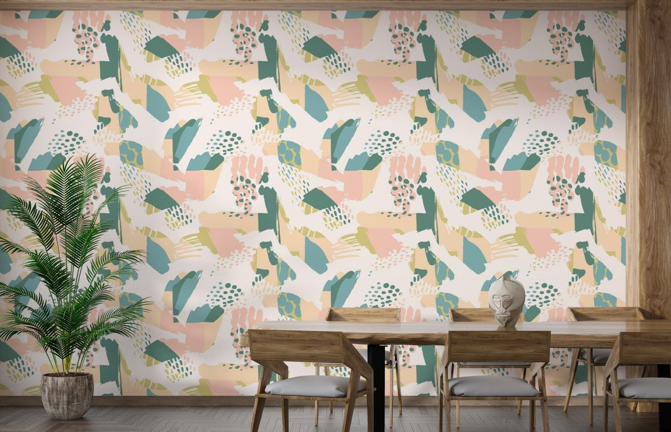 Artistic splash pattern wall mural with a mix of vibrant colors for dining area.