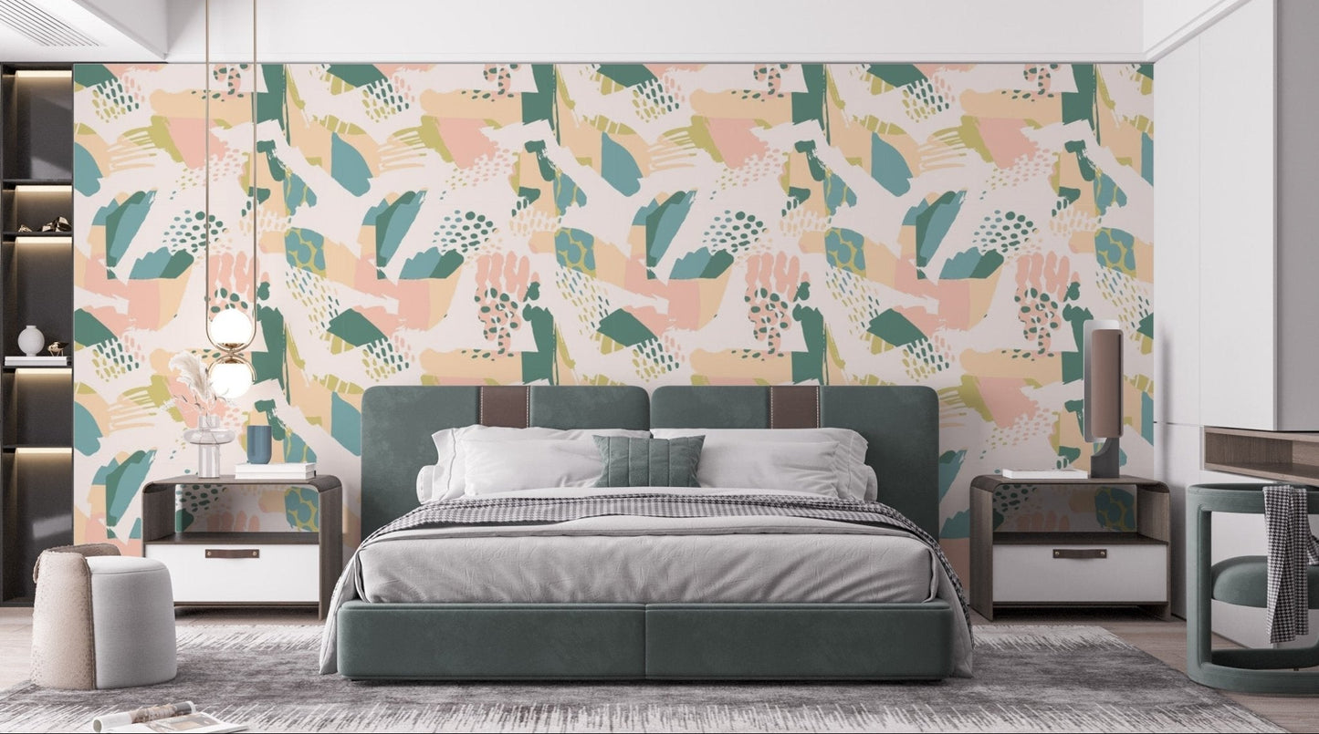 Artistic mural featuring colorful brush stroke and splash patterns in bedroom.