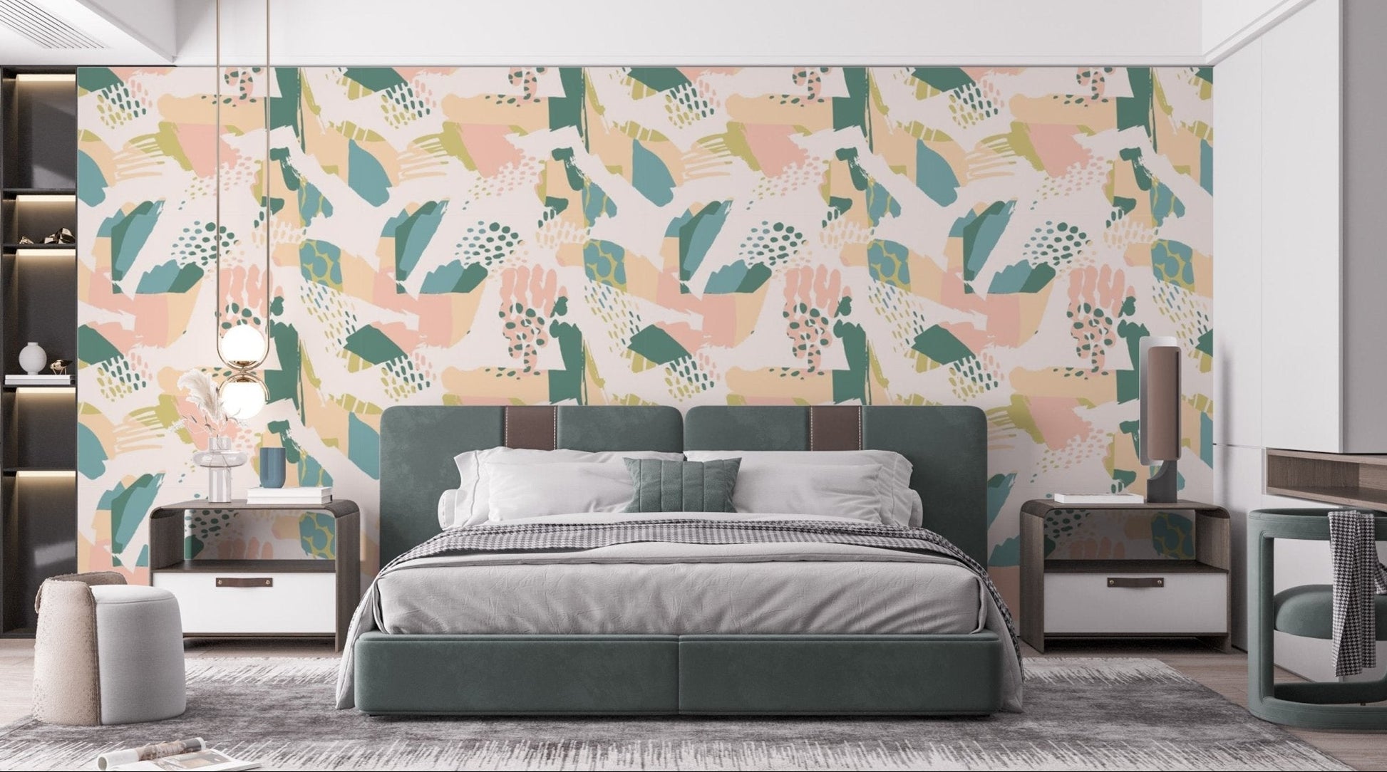 Artistic mural featuring colorful brush stroke and splash patterns in bedroom.