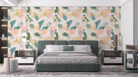 Artistic mural featuring colorful brush stroke and splash patterns in bedroom.