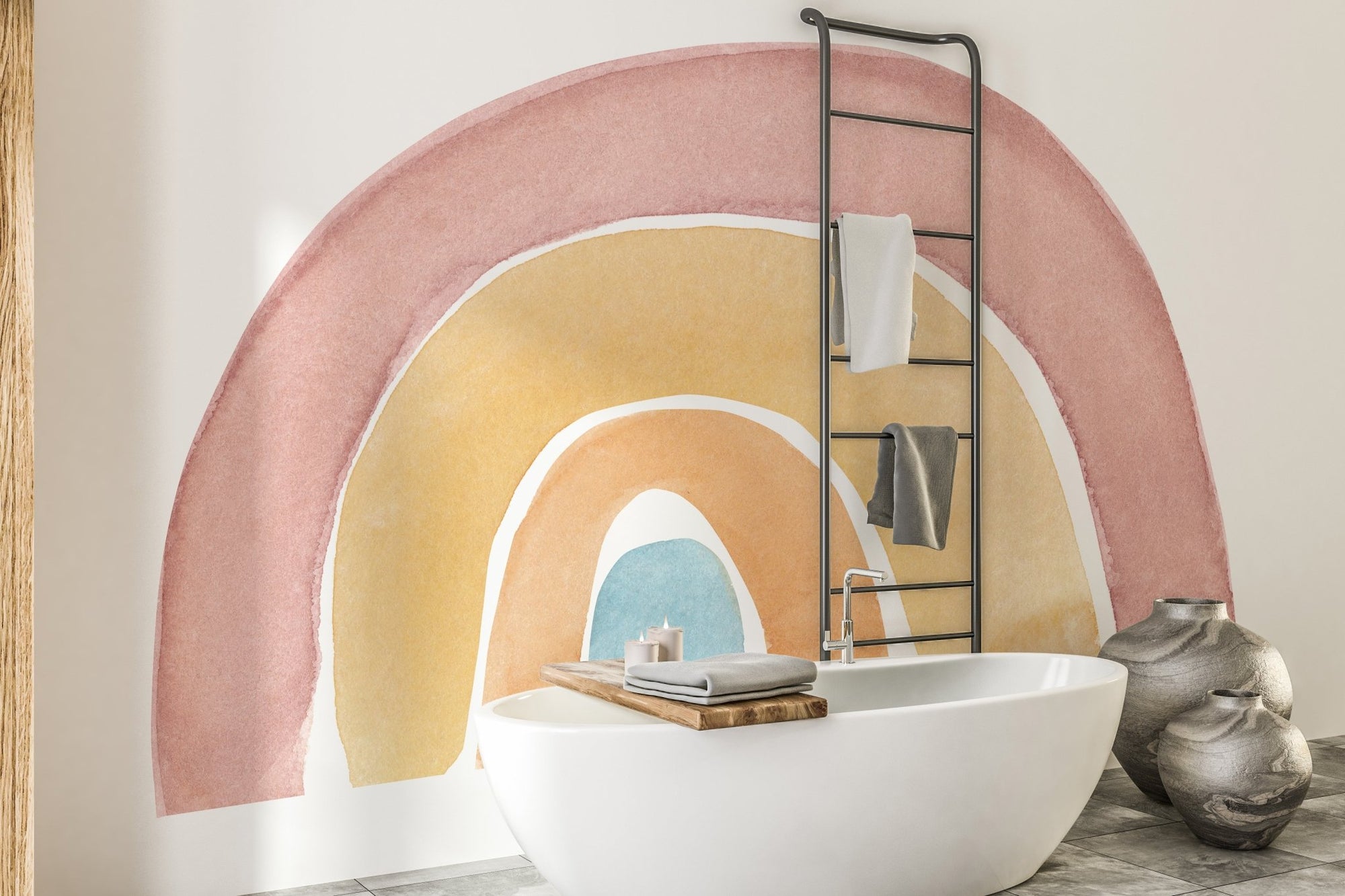 Watercolor rainbow wall mural in a modern bathroom with a white tub.