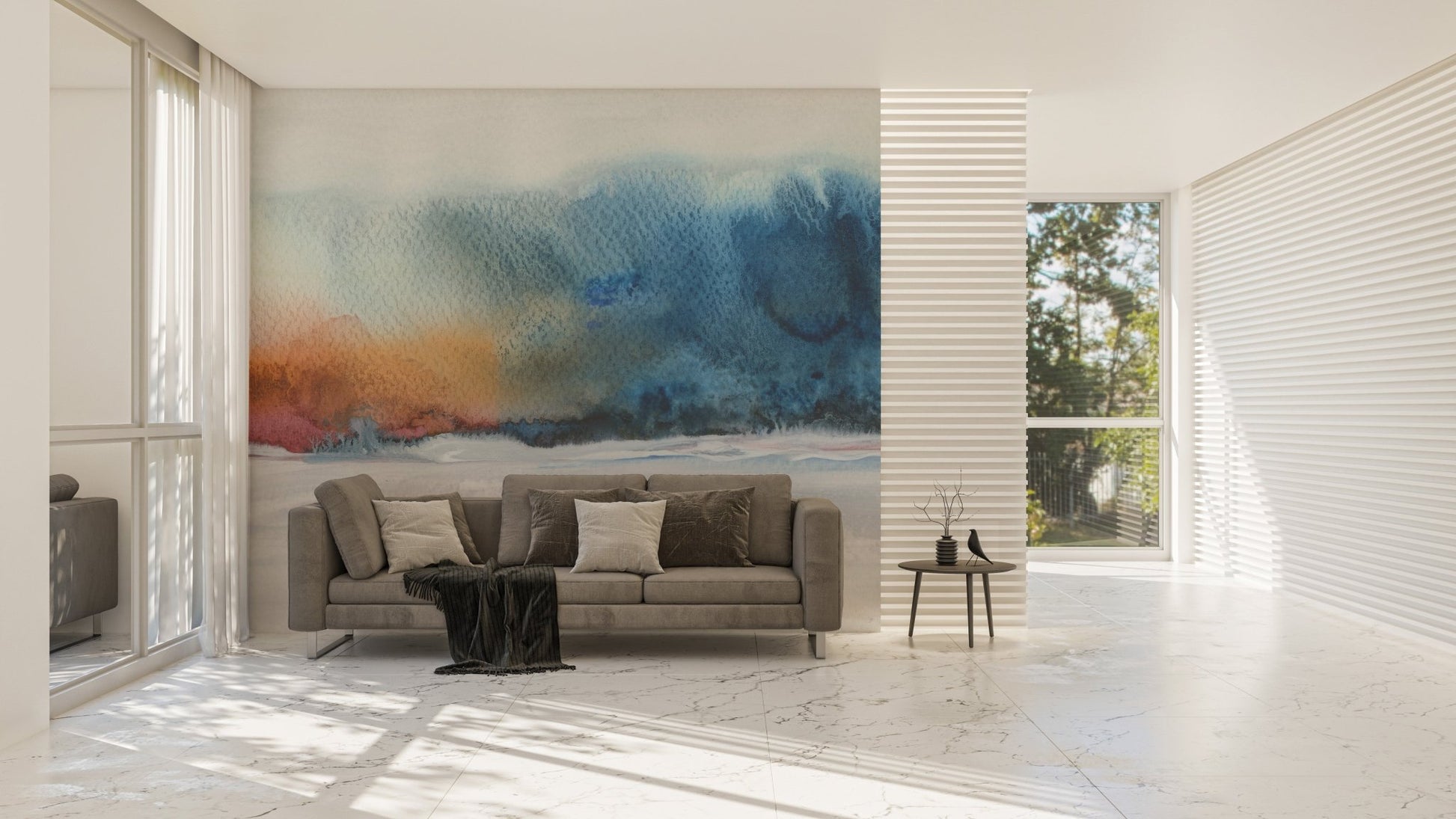 Spacious living room with abstract flow wall mural and large windows.