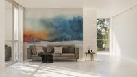 Spacious living room with abstract flow wall mural and large windows.