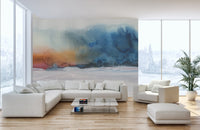 Watercolor flow wall mural in a minimalist white living room setting.